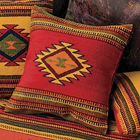 Woven Wool Cushion Cover from Mexico,'Starburst'