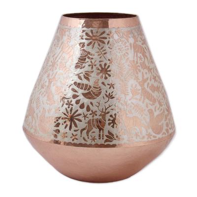 Silver accented copper vase, 'Gleaming Fauna' - Animal Motif Silver Accented Copper Vase from Mexico