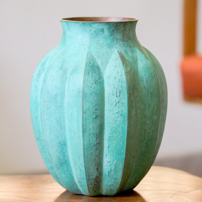 Copper vase, 'Antique Lines' - Antiqued Copper Vase from Mexico