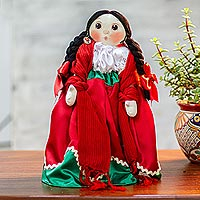 Cotton decorative doll, 'Spring of Yesteryear' - Cotton Decorative Display Doll with a Shawl from Mexico