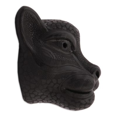 Máscara de cerámica - Máscara de jaguar de cerámica negra hecha a mano de México