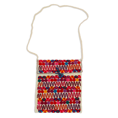 Cotton-embroidered wool sling, 'Dream Paths' - Cotton-Embroidered Wool Sling Handbag from Mexico