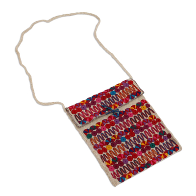 Cotton-embroidered wool sling, 'Dream Paths' - Cotton-Embroidered Wool Sling Handbag from Mexico