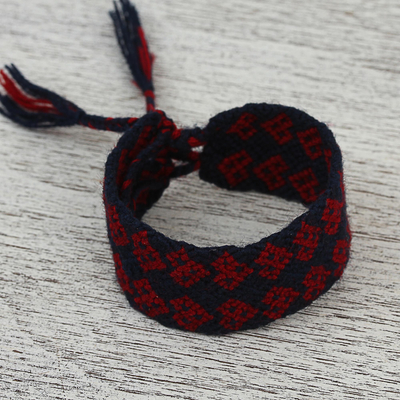 Cotton wristband bracelet, 'Barn Red Fusion of Desire' - Handwoven Cotton Wristband Bracelet in Barn Red and Navy