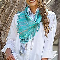 Bufanda de algodón, 'Sweet Stripes in Turquoise' - Bufanda de algodón tejida a mano en turquesa y humo de México
