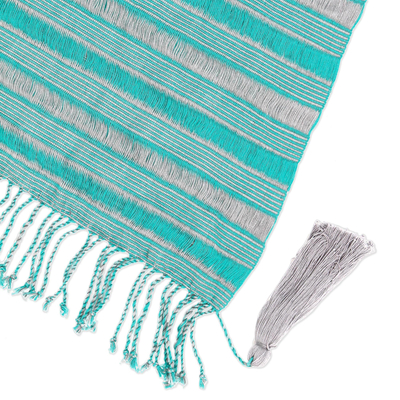 Cotton scarf, 'Sweet Stripes in Turquoise' - Handwoven Cotton Scarf in Turquoise and Smoke from Mexico