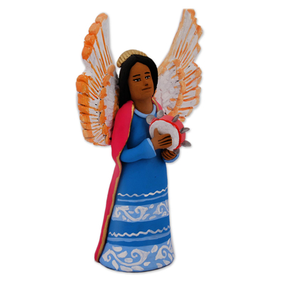 Ceramic sculpture, 'Tambourine Angel' - Hand-Painted Ceramic Sculpture of an Angel with a Tambourine