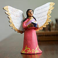 Ceramic sculpture, 'Studious Angel' - Hand-Painted Ceramic Sculpture of an Angel with a Book