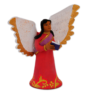 Escultura de cerámica, 'Ángel estudioso' - Escultura de cerámica pintada a mano de un ángel con un libro