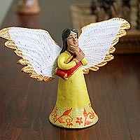 Ceramic sculpture, 'Thoughtful Angel' - Hand-Painted Ceramic Angel Sculpture in Yellow from Mexico
