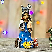 Ceramic sculpture, 'Woman with Cats in Blue' - Hand-Painted Ceramic Sculpture of a Woman with Cats