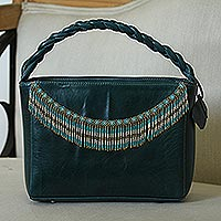 Leather handbag, 'Wave Crest' - Handcrafted Green Leather Handbag with Beaded Fringe Accent
