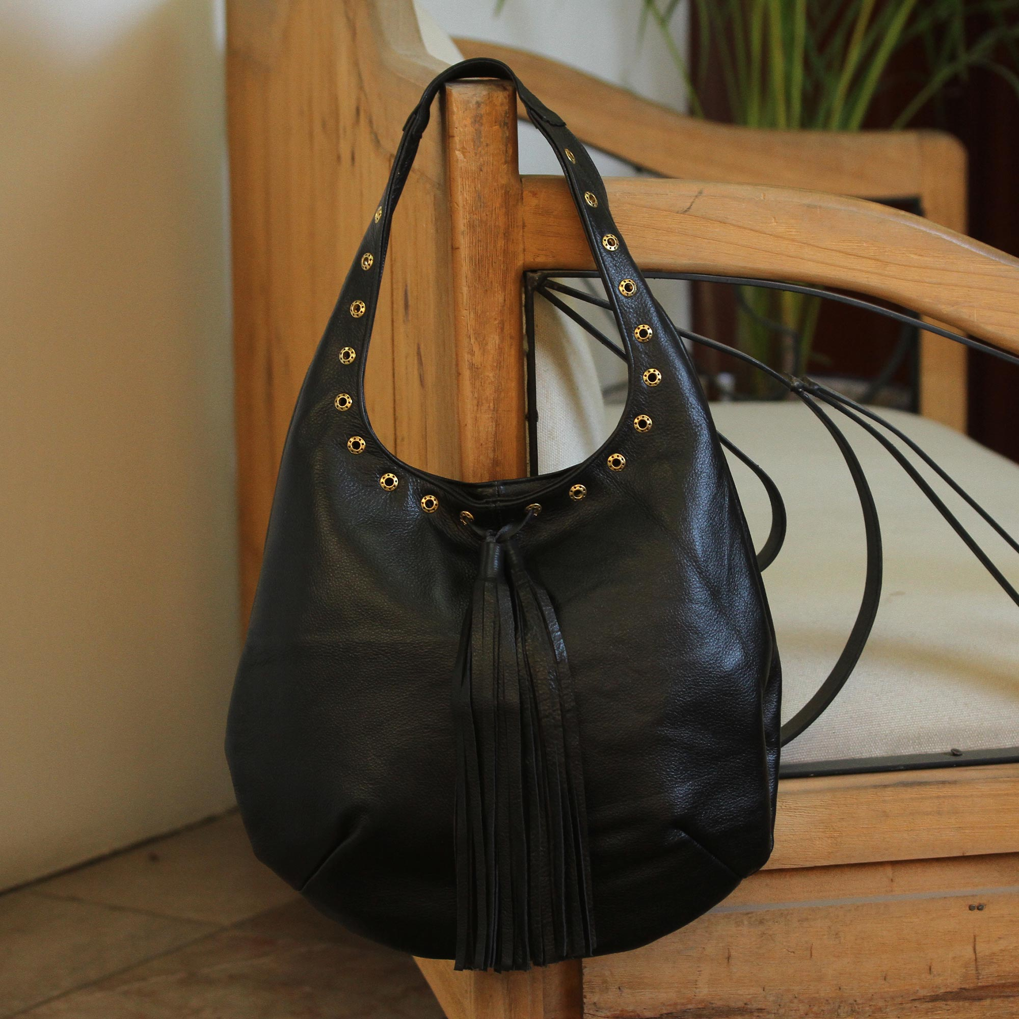 Handcrafted Black Leather Hobo-Style Boho Chic Shoulder Bag