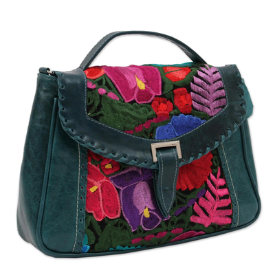 Cotton accent leather handbag, 'Lush Tropics' - Handcrafted Colorful Embroidered Green Leather Handbag