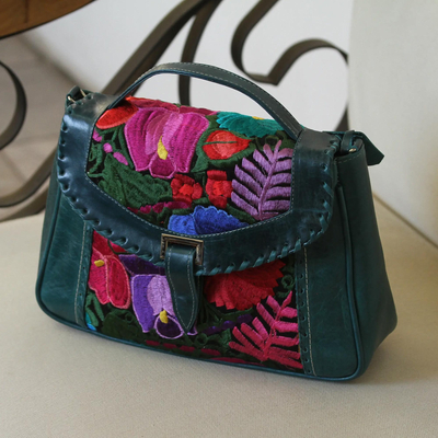 Bolso de cuero con acento de algodón, 'Lush Tropics' - Bolso de cuero verde bordado colorido hecho a mano