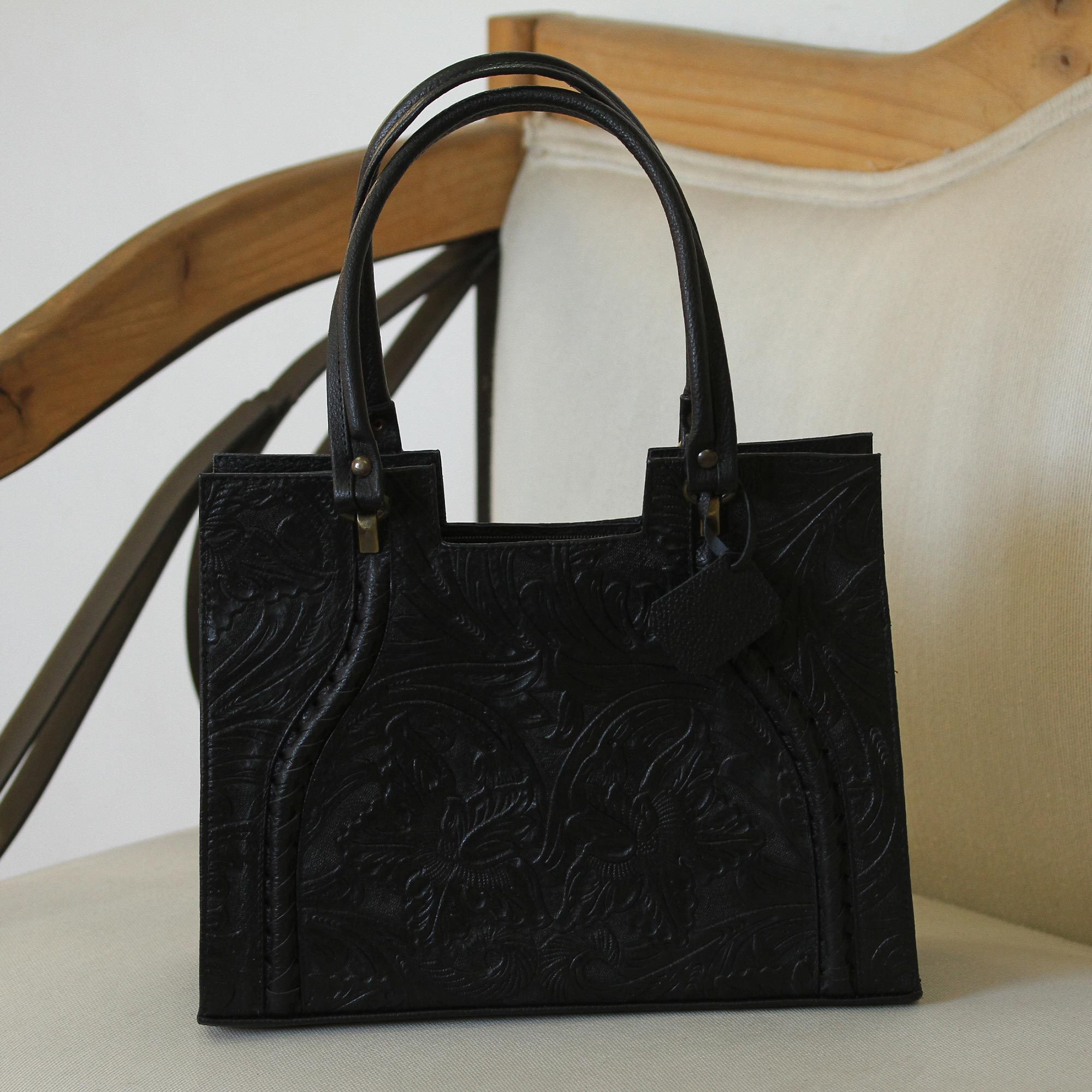 Handcrafted Black Embossed Leather Handbag from Mexico, 'Lush Impressions in Black'