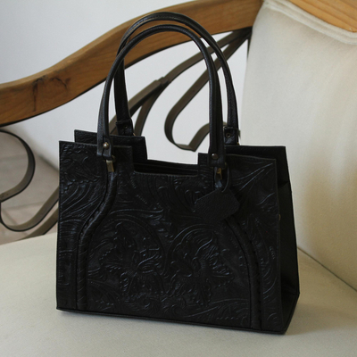 Lederhandtasche - Handgefertigte Handtasche aus schwarzem geprägtem Leder aus Mexiko