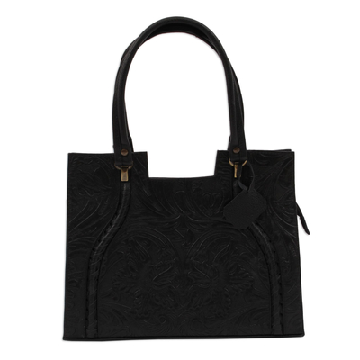 Leather handbag, 'Lush Impressions in Black' - Handcrafted Black Embossed Leather Handbag from Mexico