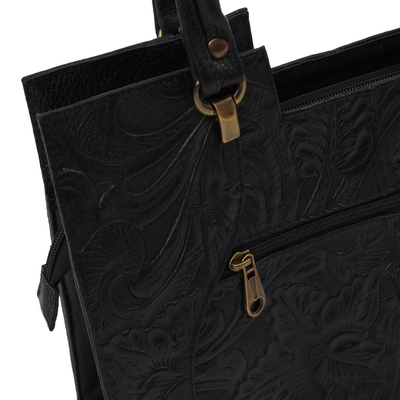 Leather handbag, 'Lush Impressions in Black' - Handcrafted Black Embossed Leather Handbag from Mexico