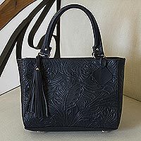 Leather handbag, 'Garden Impressions in Navy'