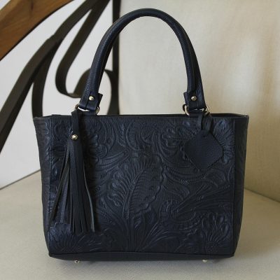 Bolso de cuero, 'Garden Impressions in Navy' - Bolso de cuero en relieve con motivo floral azul marino hecho a mano