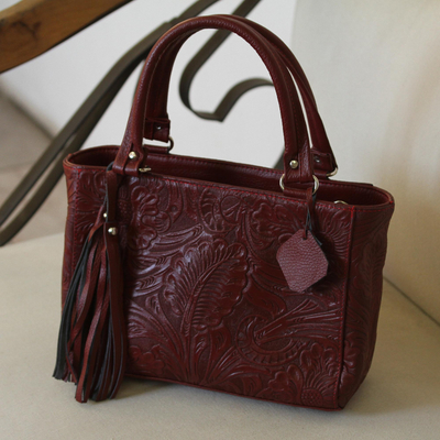 Leather handbag, 'Garden Impressions in Russet' - Handcrafted Russet Floral Motif Embossed Leather Handbag