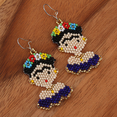 Glass beaded dangle earrings, 'Blue Frida' - Glass Beaded Frida Dangle Earrings in Blue from Mexico