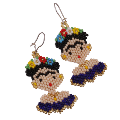 Glass beaded dangle earrings, 'Blue Frida' - Glass Beaded Frida Dangle Earrings in Blue from Mexico