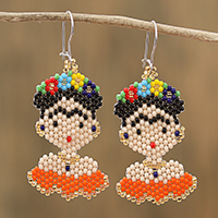 Glass beaded dangle earrings, 'Orange Frida'