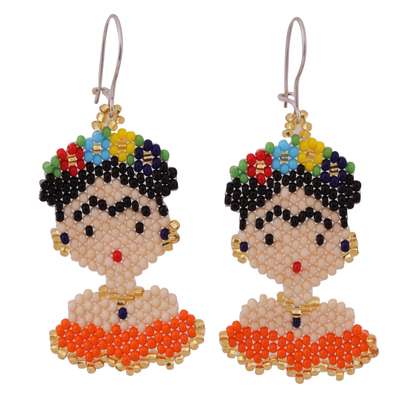 Glass beaded dangle earrings, 'Orange Frida' - Glass Beaded Frida Dangle Earrings in Orange from Mexico