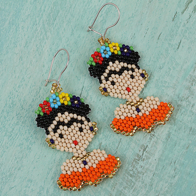 Pendientes colgantes con cuentas de cristal - Aretes colgantes Frida con cuentas de vidrio en naranja de México