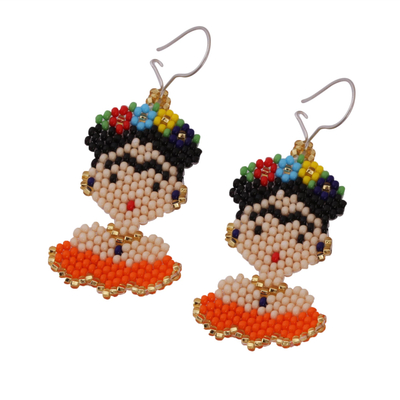 Glass beaded dangle earrings, 'Orange Frida' - Glass Beaded Frida Dangle Earrings in Orange from Mexico