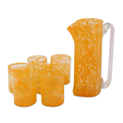 Hand-blown recycled glass pitcher and tumblers, 'Garden Relaxation in Marigold' (set for 6) - Recycled Glass Pitchers and Tumblers in Orange (Set for 6)