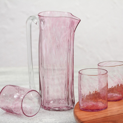 Hand-blown recycled glass pitcher and tumblers, 'Garden Relaxation in Rose' (set for 6) - Recycled Glass Pitchers and Tumblers in Pink (Set for 6)