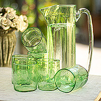 Handblown recycled glass pitcher and tumblers, 'Garden Relaxation in Green' (7 pieces) - Handblown 7-Piece Pitcher and Tumbler Set in Clear Green