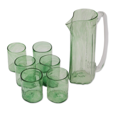 Hand-blown recycled glass pitcher and tumblers, 'Garden Relaxation in Green' (set for 6) - Recycled Glass Pitchers and Tumblers in Green (Set for 6)