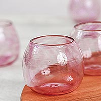 Copas de vino sin tallo de vidrio reciclado, 'Social Bliss in Rose' (juego de 6) - Seis copas de vino sin tallo de vidrio reciclado rosa de México