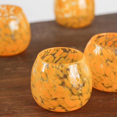 Recycled glass wine glasses, 'Social Marigold' (set of 6) - Six Marigold Recycled Glass Stemless Wine Glasses