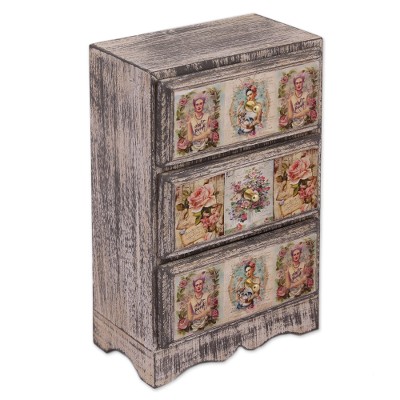 Decoupage wood jewelry chest, 'Frida Fan' - Distressed Wood Frida Kahlo Jewelry Chest from Mexico