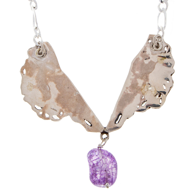 Quartz pendant necklace, 'Conch Catrina' - Purple Quartz Catrina Skull Pendant Necklace from Mexico