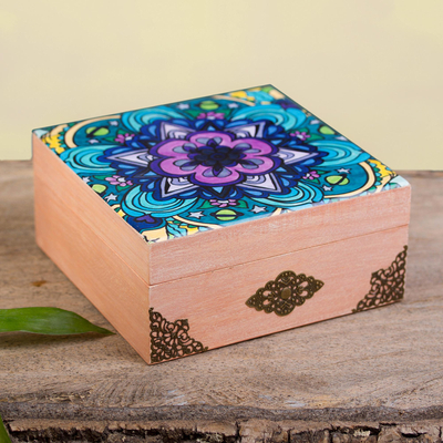 Decoupage wood decorative box, 'Cosmic Mandala' - Mandala Motif Decoupage Wood Decorative Box from Mexico