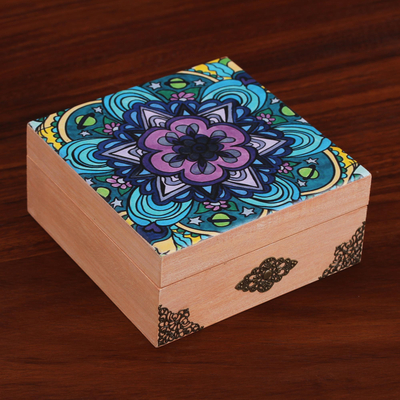 Decoupage wood decorative box, 'Cosmic Mandala' - Mandala Motif Decoupage Wood Decorative Box from Mexico