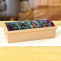 Decoupage wood decorative box, 'Skeleton Cats' - Skeleton Cat Decoupage Wood Decorative Box from Mexico