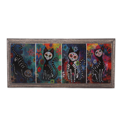 Decoupage wood decorative box, 'Skeleton Cats' - Skeleton Cat Decoupage Wood Decorative Box from Mexico