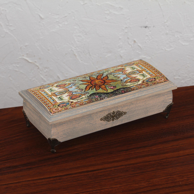 Caja decorativa de madera decoupage - Caja decorativa de madera de decoupage con motivo de sol de México