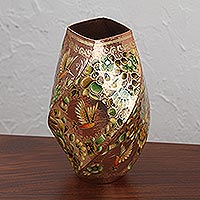Florero de cobre con detalles dorados - Jarrón de cobre con detalles dorados con motivo de colibrí de México