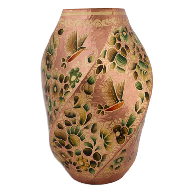 Florero de cobre con detalles dorados - Jarrón de cobre con detalles dorados con motivo de colibrí de México