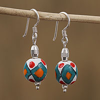 Sterling silver and ceramic dangle earrings, 'Tradition and Color' - Hand-Painted Sterling Silver and Ceramic Dangle Earrings