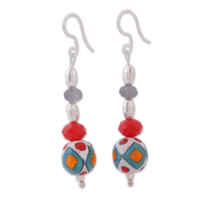 Sterling silver and ceramic dangle earrings, 'Mexican Essence' - Hand-Painted Ceramic and Crystal Dangle Earrings