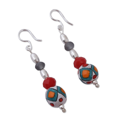 Sterling silver and ceramic dangle earrings, 'Mexican Essence' - Hand-Painted Ceramic and Crystal Dangle Earrings